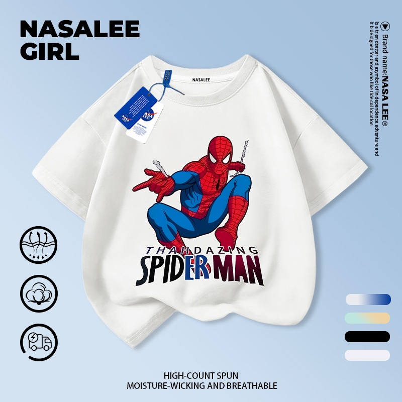 【จัดส่งวันนี้】 เสื้อยืด NASA สายทางขาว ผ้าฝ้าย ระบายอากาศ ลาย Spider-Man 3-16 ปี เด็กชาย-หญิง ใส่สบาย