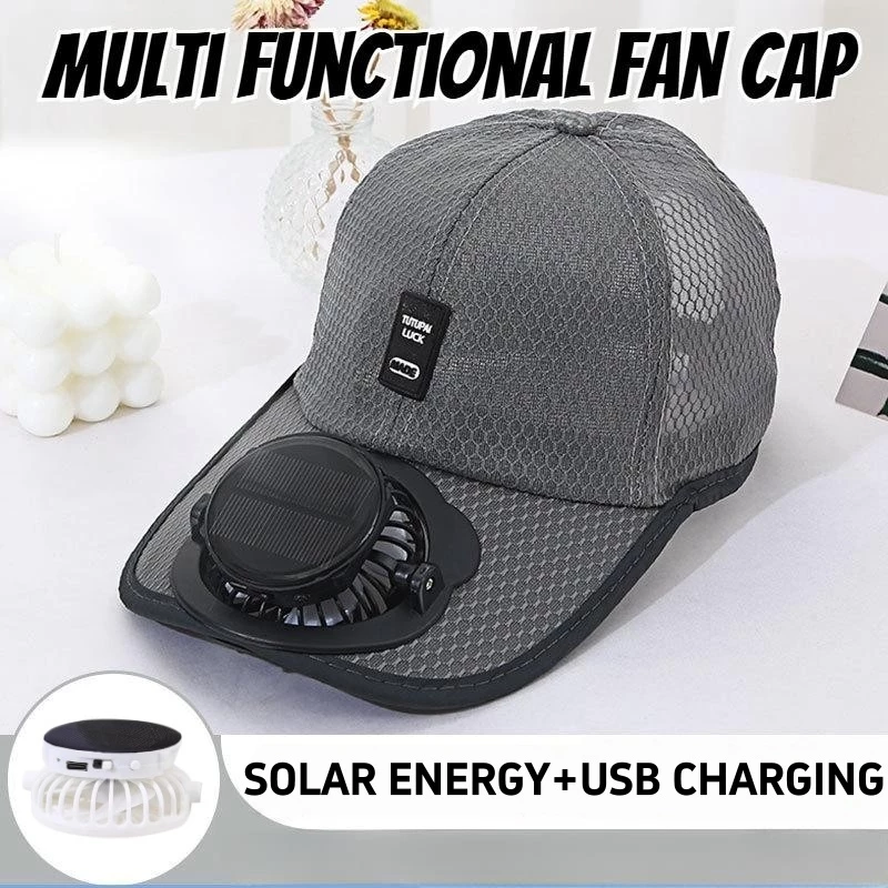 หมวกพัดลมพลังงานแสงอาทิตย์สำหรับฤดูร้อน ชาร์จอุปกรณ์ด้วย USB ป้องกัน UV ระบายอากาศได้ดี เหมาะสำหรับกิจกรรมกลางแจ้งและขี่จักรยาน