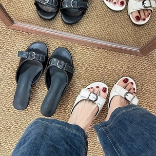 S.LuxLane Retro Chunky Heel Slide Sandals สําหรับผู้หญิงฤดูร้อนเปิดนิ้วเท้า 4 ซม.หนังสีดําบล็อกส้นรองเท้าแตะพร้อมหัวเข็มขัดสําหรับปาร์ตี้ Vocation Commute (สีขาว/สีดํา,ขนาด 35-40)