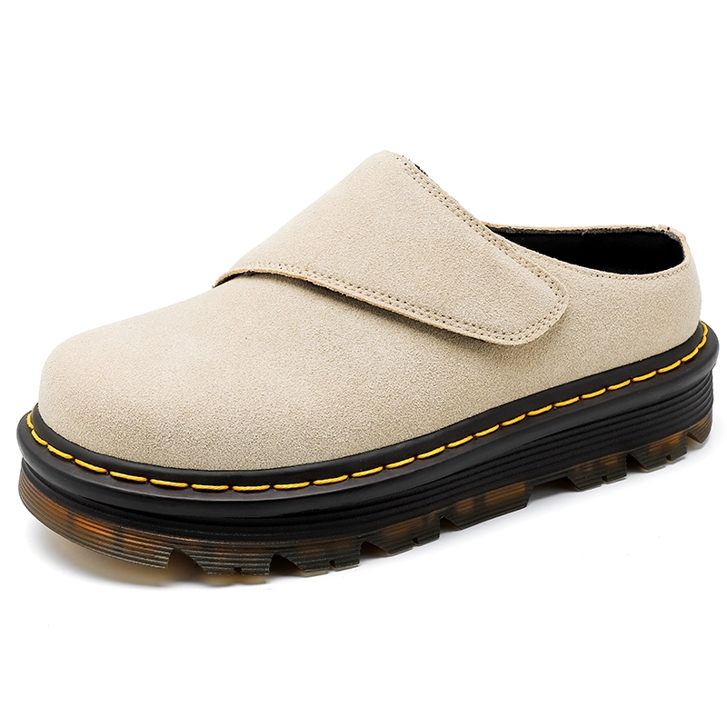 สีเบจ Suede Platform Mules สําหรับผู้หญิง Slip-on Chunky Sole Clogs พร้อมเย็บสีเหลืองรองเท้าสบายๆลื่นกลางแจ้ง