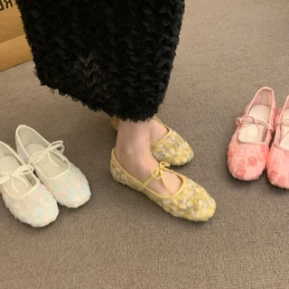 S.LuxLane นางฟ้าฝรั่งเศสตาข่าย Mary Jane Flats ฤดูร้อนรอบ Toe One-Strap Rose เย็บปักถักร้อยบัลเล่ต์แฟลตโบว์ (สีขาว/ชมพู, ขนาด 35-40)