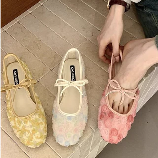 S.LuxLane นางฟ้าฝรั่งเศสตาข่าย Mary Jane Flats ฤดูร้อนรอบ Toe One-Strap Rose เย็บปักถักร้อยบัลเล่ต์แฟลตโบว์ (สีขาว/ชมพู, ขนาด 35-40)