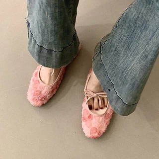 S.LuxLane นางฟ้าฝรั่งเศสตาข่าย Mary Jane Flats ฤดูร้อนรอบ Toe One-Strap Rose เย็บปักถักร้อยบัลเล่ต์แฟลตโบว์ (สีขาว/ชมพู, ขนาด 35-40)