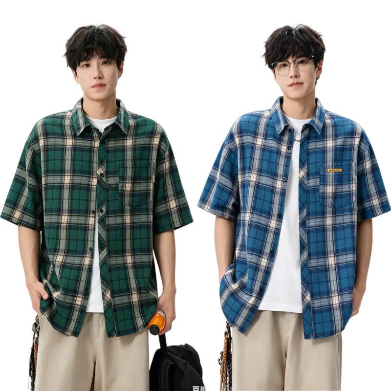 🌟Man & Jean🌟 เสื้อเชิ้ต เสื้อเชิ้ตแขนสั้นลําลอง คลาสสิค แฟชั่นฤดูร้อน เหมาะสำหรับทำงานและสวมใส่ทุ สไตล์เกาหลี ใส่ได้ทั้งชายและหญิง เสื้อเบลาส์แขนสั้น ลายสก๊อต สไตล์เรโทร
