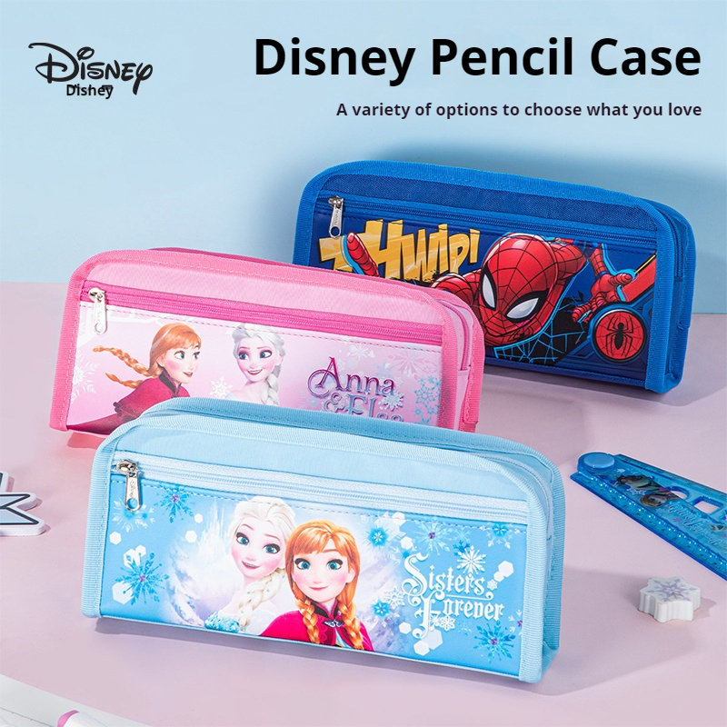 Disney กระเป๋าดินสอ กระเป๋าใส่เครื่องเขียน ผ้าแคนวาส ใบใหญ่ สองชั้น สีพื้น มีด้ามจับ