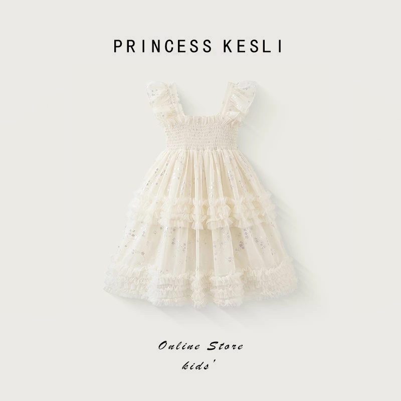 Princess Kesli เดรสเด็กหญิง แขนกุด สไตล์เกาหลี ชุดเจ้าหญิงลายผีเสื้อ ดีไซน์ผูกโบว์หลังน่ารักคิวท์ๆ ชุดเดรสวันเกิดเด็กหญิง 2-12 ปี