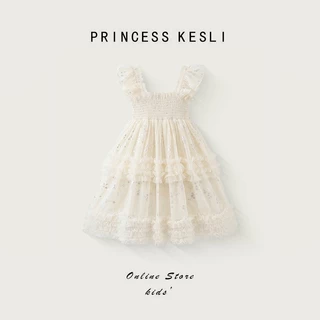 Princess Kesli เดรสเด็กหญิง แขนกุด สไตล์เกาหลี ชุดเจ้าหญิงลายผีเสื้อ ดีไซน์ผูกโบว์หลังน่ารักคิวท์ๆ ชุดเดรสวันเกิดเด็กหญิง 2-12 ปี