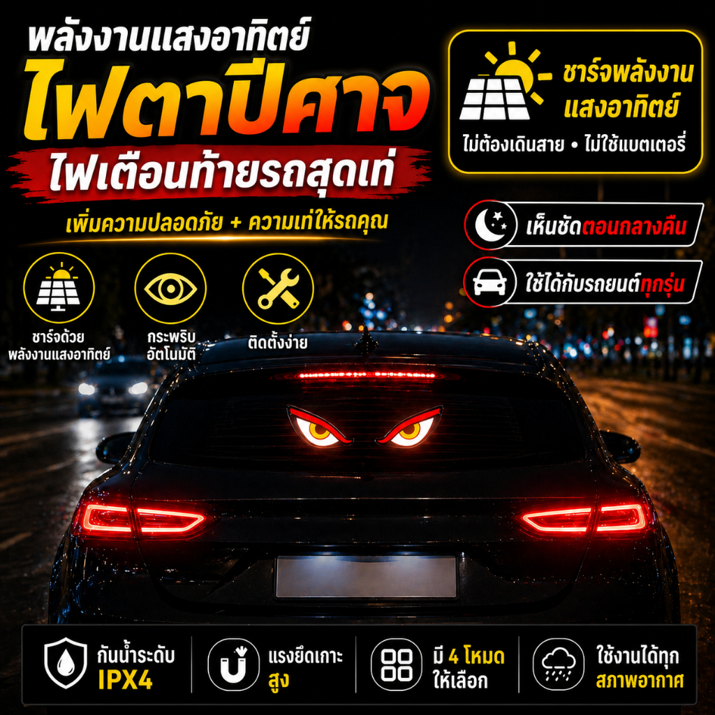 Demon Eye Light พลังงานแสงอาทิตย์รถแบบไดนามิก Blinking Moving Eyes ไฟ Led ไร้สาย Usb ชาร์จ Ambient โคมไฟไม่มีสายไฟดูดถ้วยหลังคา Anti ด้านหลัง End Decor สําหรับ Suv รถบรรทุกซีดาน