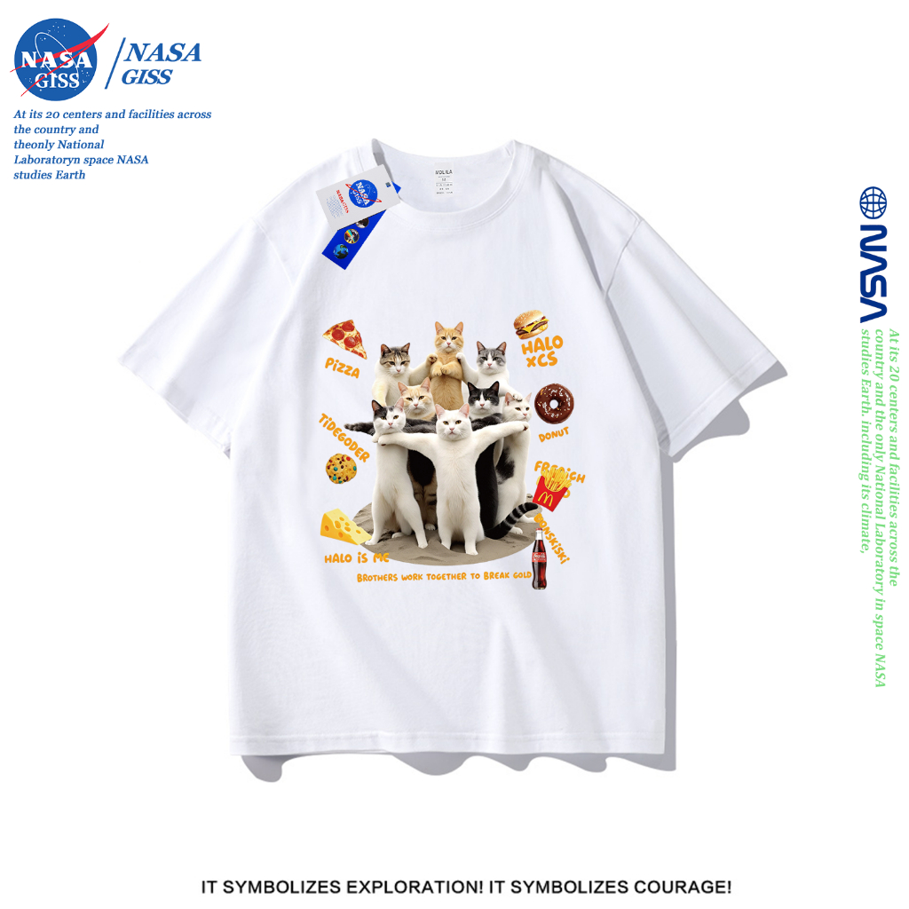 NASA เสื้อยืดชายหญิงแขนสั้น สไตล์ลำลอง summer พี่น้องแมว พิมพ์ลาย คอตตอน คอกลม หลวมและระบายอากาศ