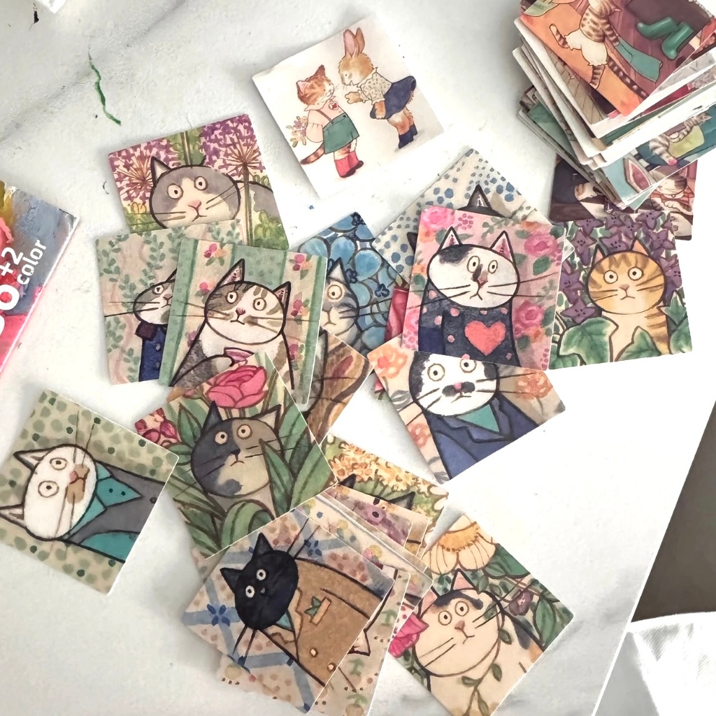 สติกเกอร์แมว 60ชิ้น 3×3ซม. ลายแมวใช้ชีวิตประจำวัน สไตล์วินเทจสีน้ำ สติกเกอร์กระดาษ น่ารัก ตกแต่งแพลนเนอร์ ไดอารี่ สแครปบุ๊ค DIY เครื่องเขียน Flo gogo