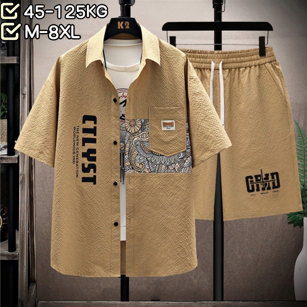 [สวมใส่ 45-125กิโลกรัม] ม-8เอ็กแอล ขนาดใหญ่กีฬาฤดูร้อนผู้ชายบางแขนสั้นชุดลําลองหลวมกางเกงขาสั้นระบายอากาศสองชิ้นชุดบาสเกตบอลผู้ช