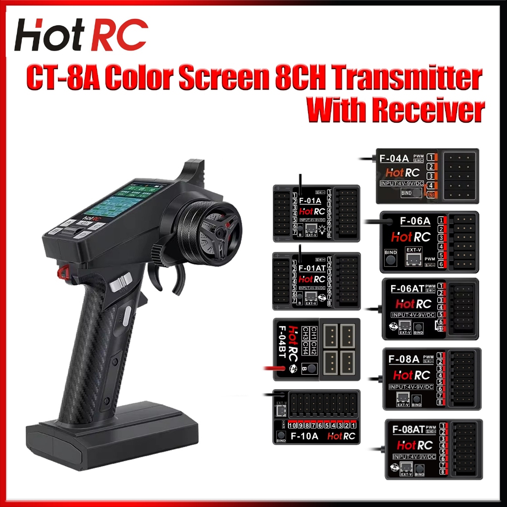 HOTRC CT-8A 8CH 2.4G หน้าจอสีเครื่องส่งสัญญาณระยะไกล 4/6/8/10CH Gyro Receiver แรงดันไฟฟ้ากลับ PWM โคมไฟควบคุมสําหรับ RC รถเครื่องบินถังเรือ
