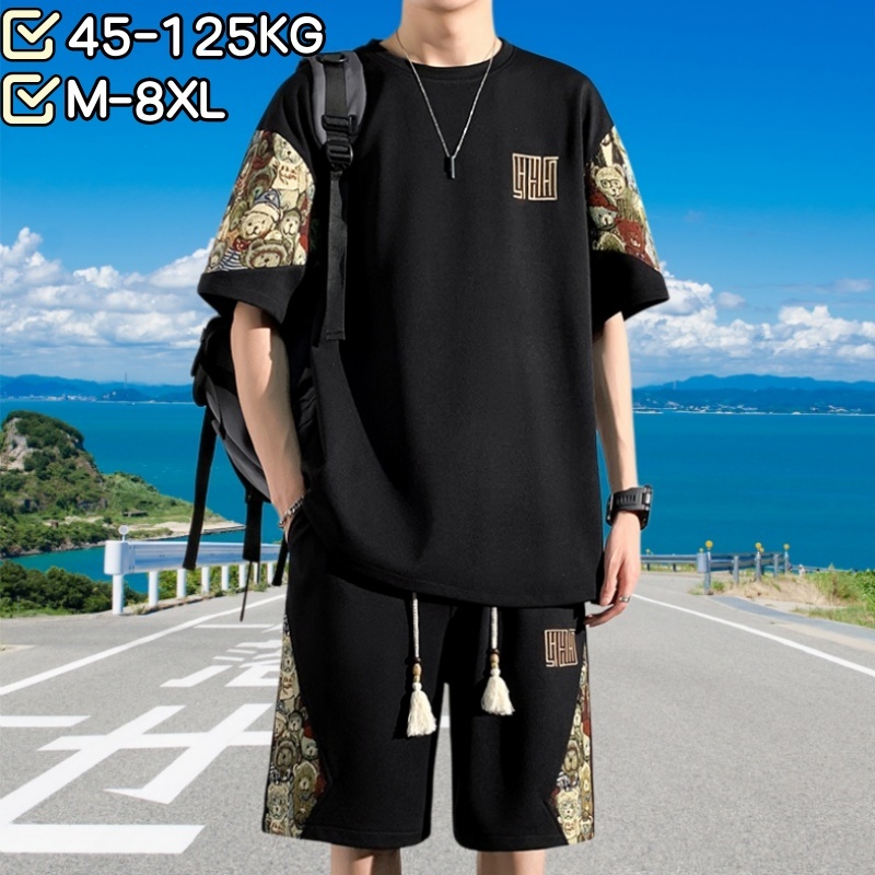 [สวมใส่ 45-125กิโลกรัม] ม-8เอ็กแอล ขนาดใหญ่กีฬาฤดูร้อนผู้ชายบางแขนสั้นชุดลําลองหลวมกางเกงขาสั้นระบายอากาศสองชิ้นชุดบาสเกตบอลผู้ช