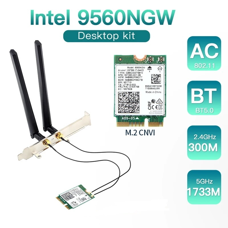 9560NGW การ์ด WiFi + เสาอากาศ 1730Mbps ไร้สาย AC 9560 Dual Band 2.4G+5G BT 5.0 802.11Ac M.2 CNVI 956