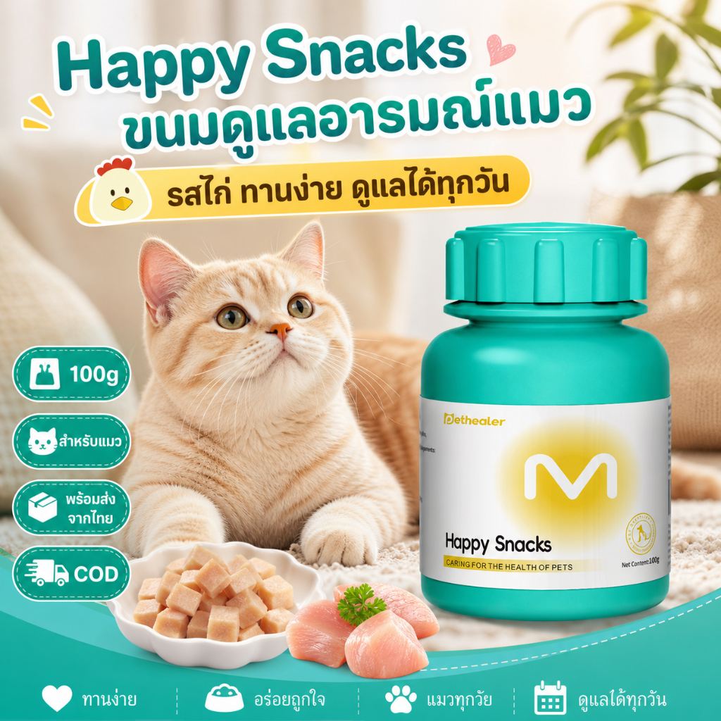 Pethealer Happy Snacks ขนมดูแลอารมณ์แมว รสไก่ 100g สำหรับช่วงอารมณ์อ่อนไหว ทานง่าย พร้อมส่งจากไทย COD