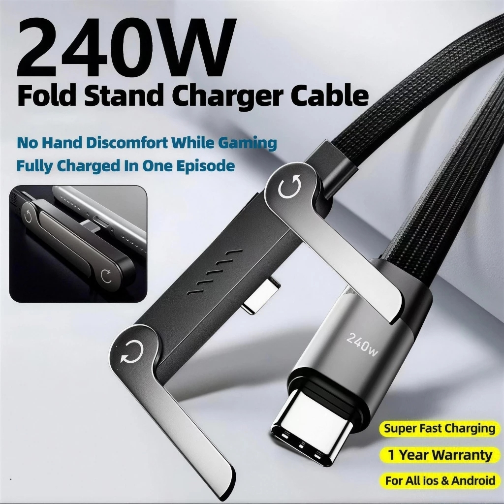 240W 2 in 1 Fast สายชาร์จพร้อมขาตั้งแบบพับได้มัลติฟังก์ชั่นประเภท C ถึง C ถักสมาร์ทชิปใช้งานร่วมกับข้อมูลสําหรับ Iphone & Android