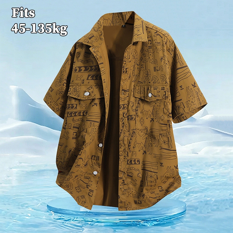 [45-135กก.] เสื้อเชิ้ตไซส์ใหญ่สําหรับฤดูร้อนผู้ชายลําลองหลวมปกย้อนยุคแห้งเร็วระบายอากาศ