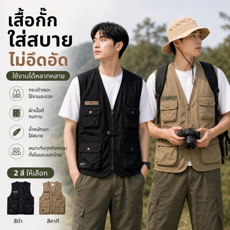 เสื้อกั๊กผู้ชาย เสื้อกั๊กเดินป่า ระบายอากาศ มีกระเป๋าหลายช่อง แขนกุด ใส่ได้ทั้งชายและหญิง ทนทาน ใส่สบายทุกฤดู