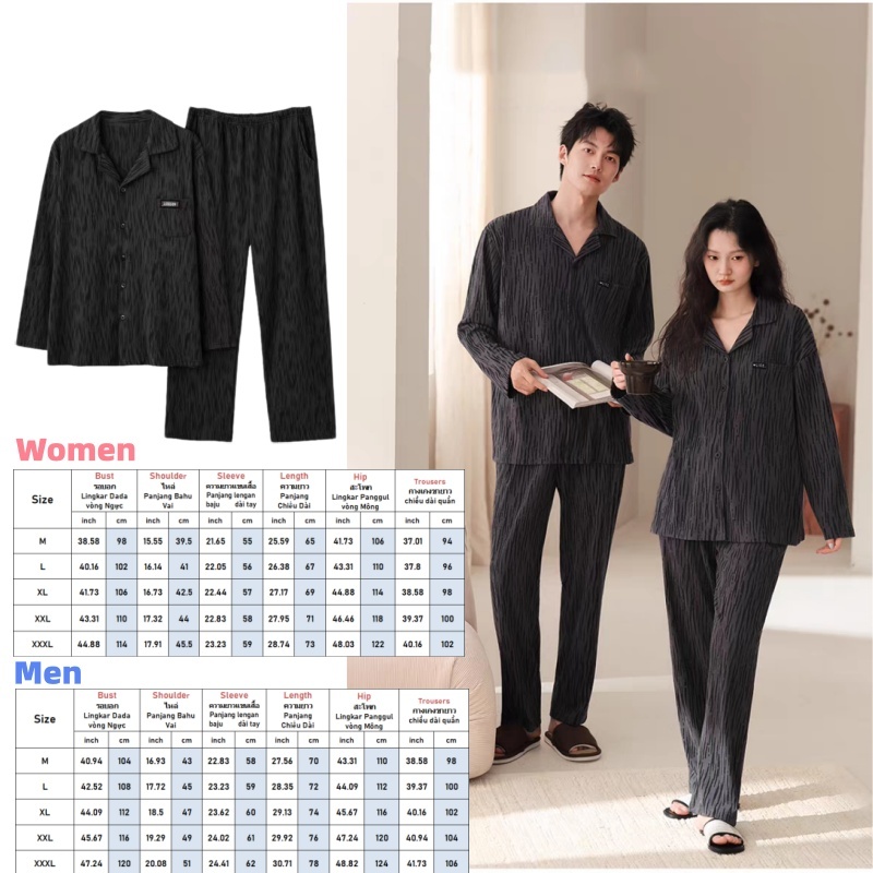 HillsayN ชุดนอนคู่รักผ้าฝ้ายนุ่มแขนยาว Homewear สบายและสะดวกสบาย