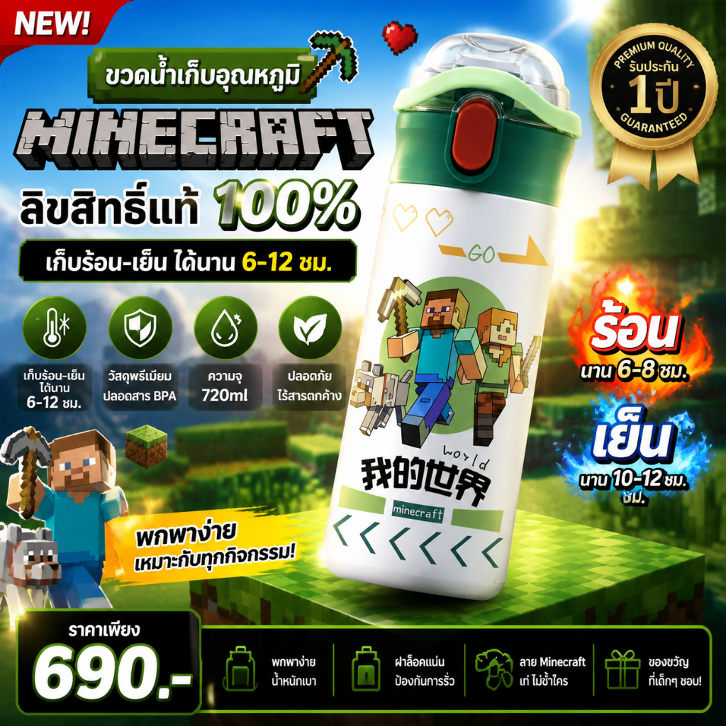 เกม สินค้า Minecraft สแตนเลสกระติกน้ําร้อนถ้วยอะนิเมะ Creeper Minecraft ถ้วยน้ํา