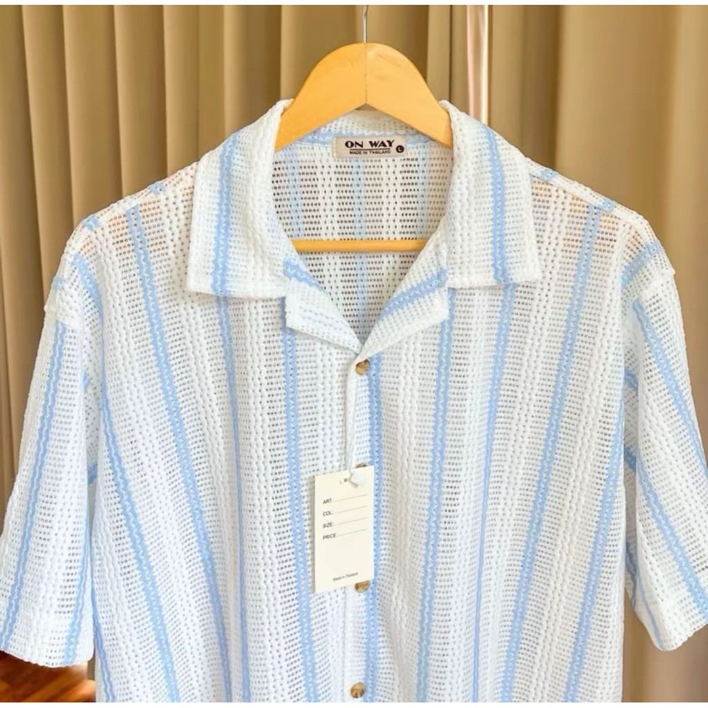Knit collection • เสื้อถักแขนสั้น ลายริ้วเส้นเล็ก Blue