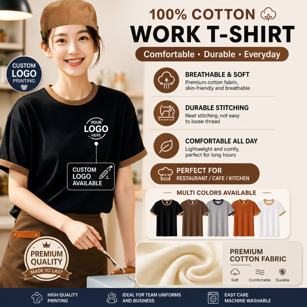 พร้อมสต็อกโลโก้ที่กําหนดเองผ้าฝ้าย100%ทํางานเสื้อยืด | เสื้อยืดเครื่องแบบระบายอากาศสําหรับร้านอาหารคาเฟ่พนักงาน | ชุด 3 ชิ้น Unisex Crew Neck ซื้อหนึ่งแถมหนึ่งสามชิ้น