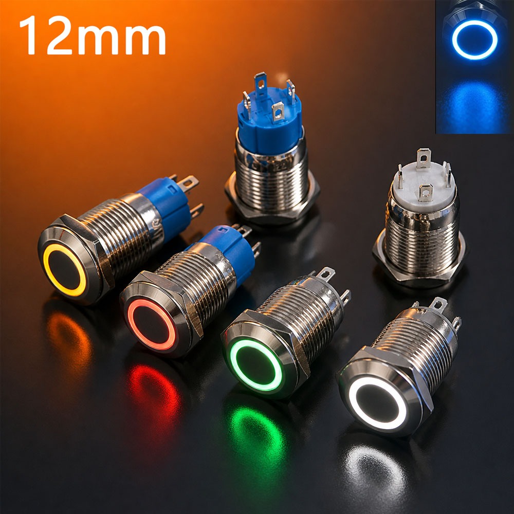 12 มม.โลหะกดสวิทช์กันน้ําไฟ LED Momentary Latching สีฟ้าสีเขียวสีแดงเหลืองขาว 5V 12V