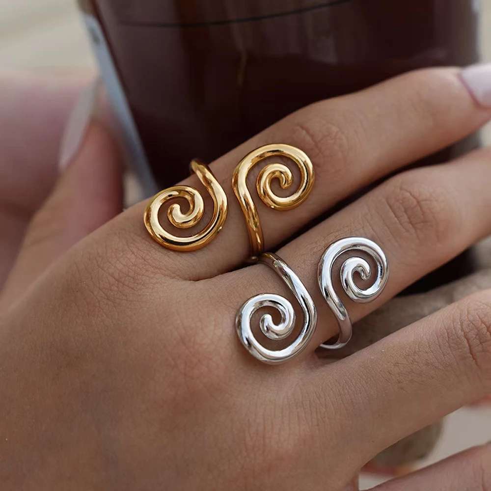แหวนปรับได้สแตนเลส SHINY Swirl กันน้ํากันเหงื่อจะไม่จางหายแฟชั่นฮิปฮอปโอ้อวดสไตล์เดียวกันสําหรับผู้ชายผู้หญิง