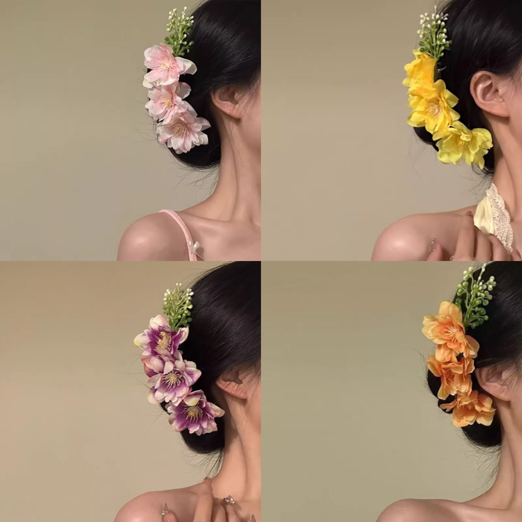 ดอกไม้สีชมพูหวีผมฤดูใบไม้ผลิฤดูร้อนบรรยากาศใหม่เครื่องประดับผมด้านข้างสไตล์จีน