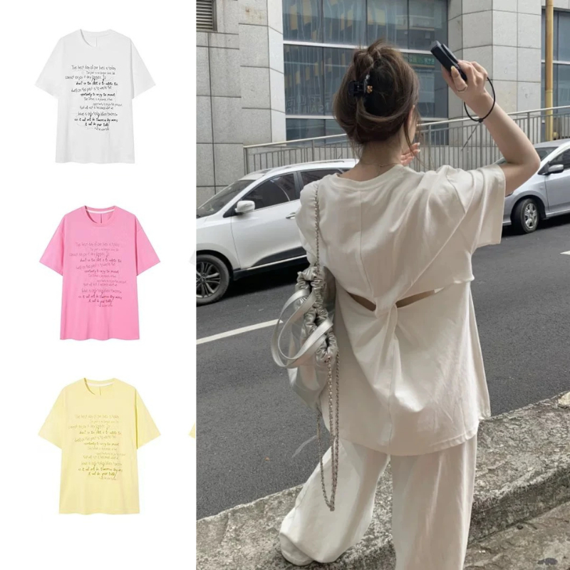 เกาหลีกลับ Hollow Twisted Knot Design เสื้อยืดแขนสั้นผู้หญิงฤดูร้อนผ้าฝ้ายหลวมพิมพ์ Tshirt Top