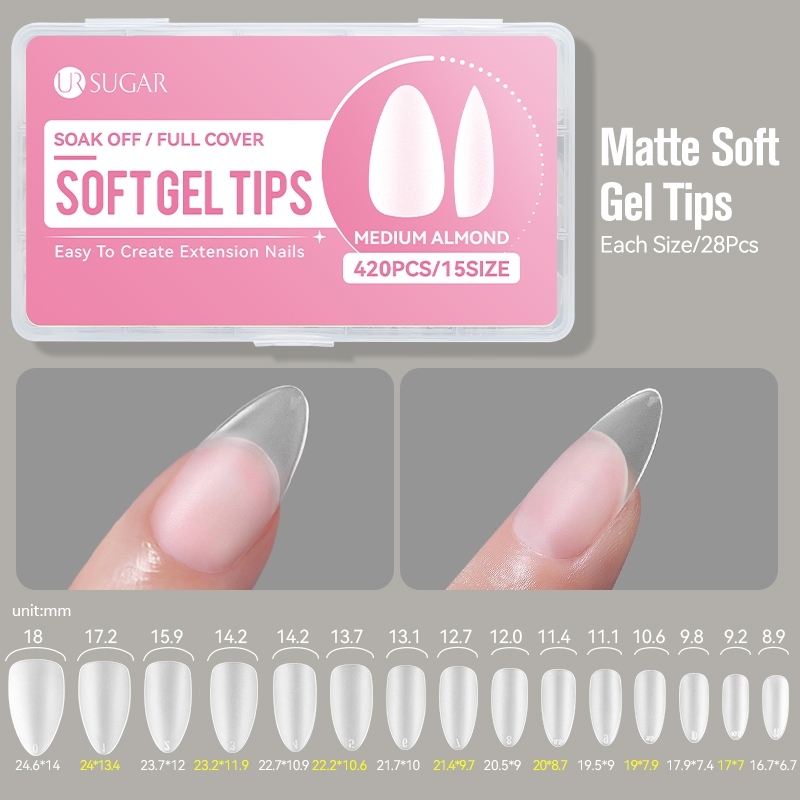 UR SUGAR 420pcs ชิ้นสั้นอัลมอนด์เล็บเคล็ดลับครึ่ง Matte เล็บปลอมเล็บปลอม 15 ขนาด Pre-shape เล็บใสเคล็ดลับสําหรับคลุมทั้งหมด
