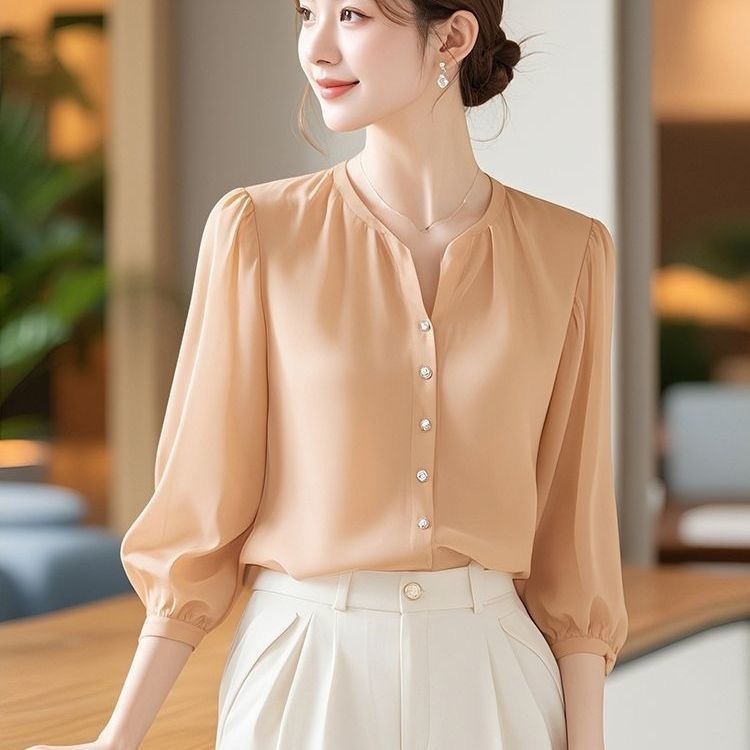เสื้อคอวี 3/4 แขนเสื้อชีฟองลําลองฤดูร้อนธรรมดา Leisure Summer Commuting
