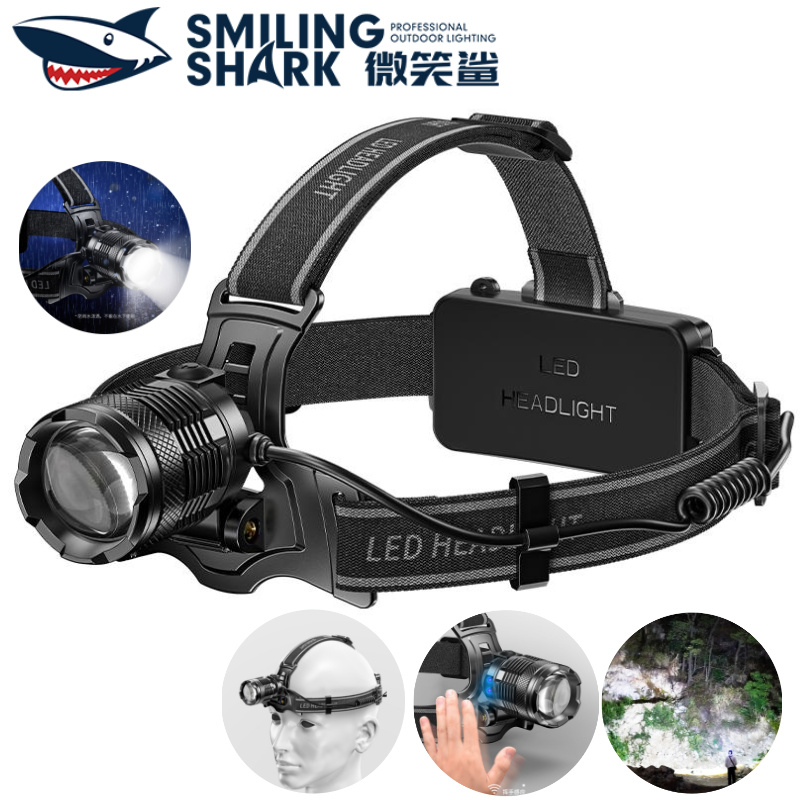 【8400LM】SMILING SHARK Bright light ไฟหน้า LED M77 Bright light ไฟหน้าลําแสงยาว Wave sensor Type-c ชาร์จไฟหน้าความจุสูงแบตเตอรี่กันน้ํา,กลางแจ้ง TD8018