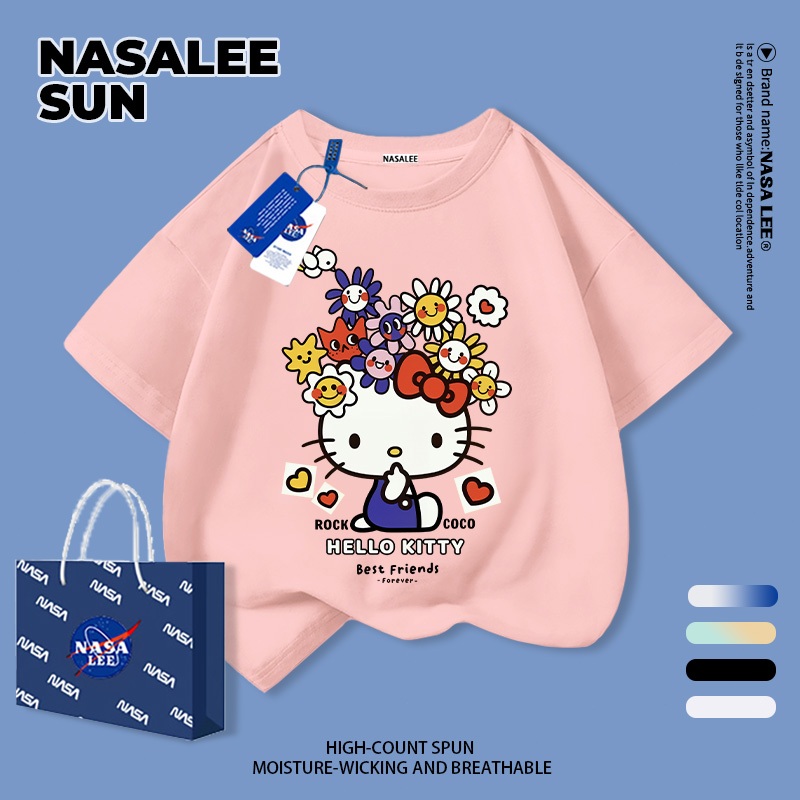[จัดส่งในวันเดียวกัน] ผ้าฝ้ายเด็กสีชมพูเสื้อยืดการ์ตูน สวัสดี คิตตี้ สนุกพิมพ์ฤดูร้อนระบายอากาศเสื้อผ้าแขนสั้นเหมาะสําหรับ 3-16ชายหญิง