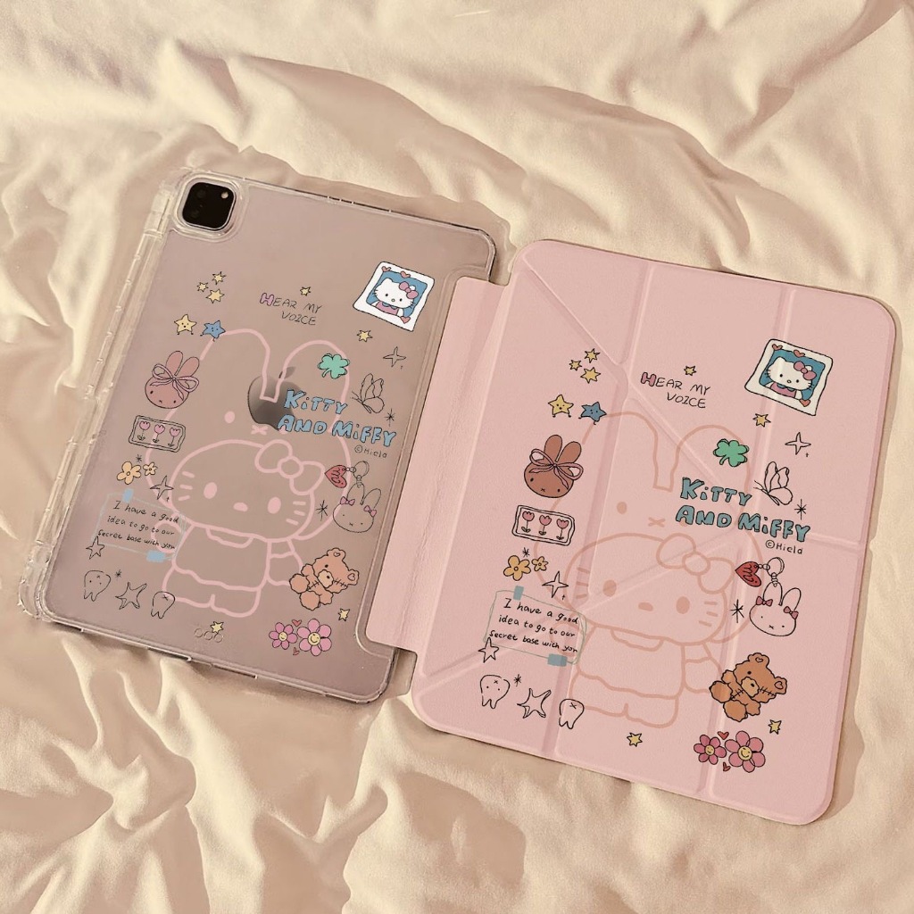 สีชมพูน่ารักคิตตี้ มิฟฟี่ เคสไอแพด ย-พับ ขาตั้งหลายมุมถุงลมนิรภัยกันกระแทกฝาครอบป้องกันพร้อมที่ใส่ปากกา