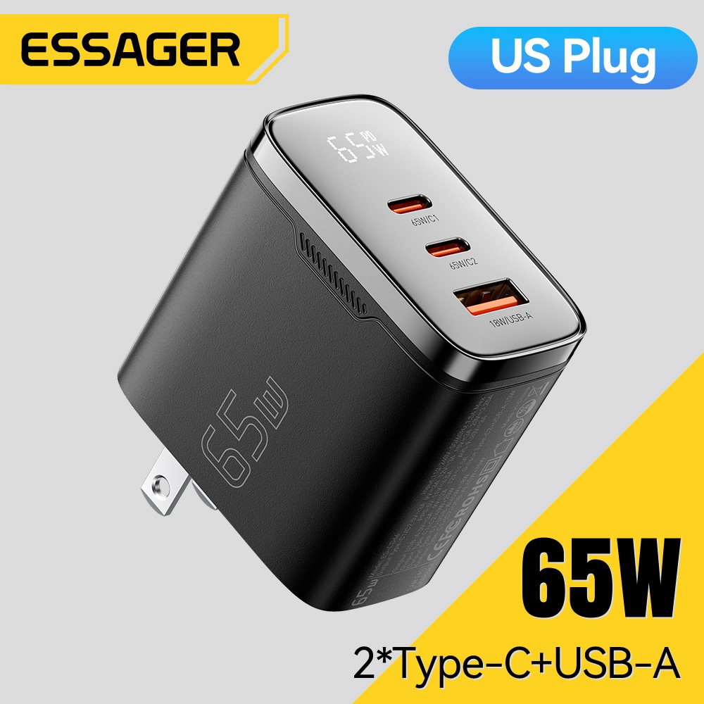 Essager 65W 2*Type-C+USB-A GaN 3 Digital Display Travel Charger