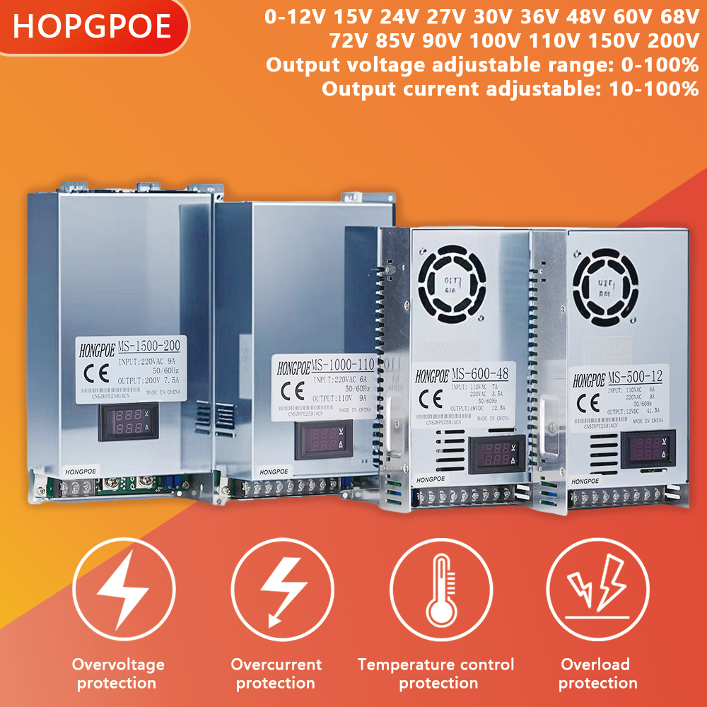 500W- 1500W จอแสดงผลดิจิตอลปรับแหล่งจ่ายไฟแรงดันไฟฟ้าเอาต์พุต 0.5-100% กระแสเอาต์พุต 10%-100% AC-DC 12V - 200V