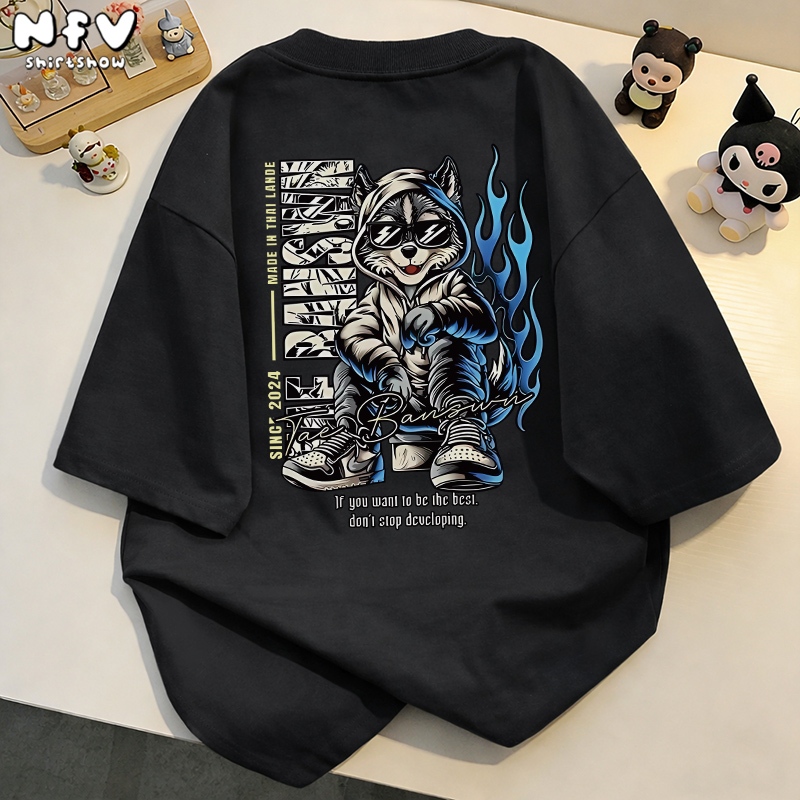 NFV เสื้อยืดสุนัขออกแบบใหม่ ผ้าฝ้าย 100% นุ่มสบาย ทรงโอเวอร์ไซซ์ คอกลมแขนสั้น ลายพิมพ์สุดเท่ T-shirt YG1078