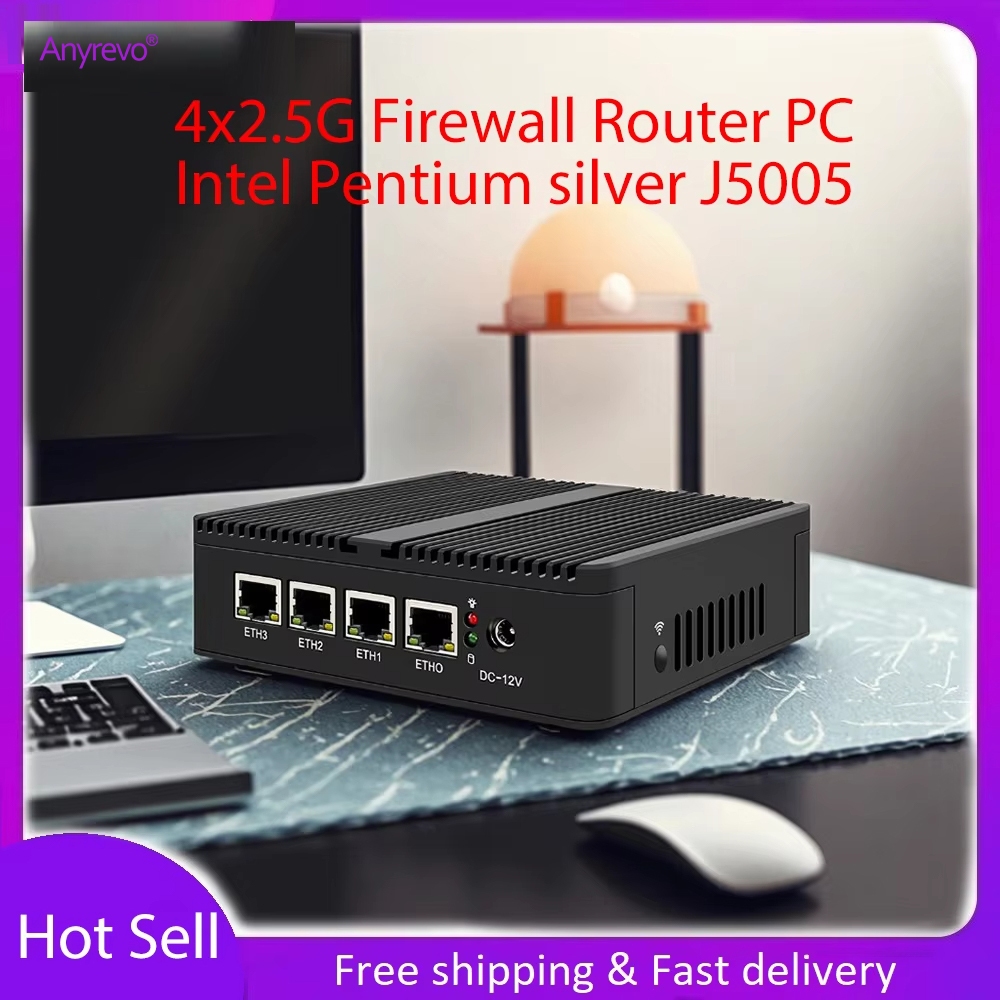 4 LAN Fanless Firewall Mini PC Intel Pentium J5005 4 Core Soft Router คอมพิวเตอร์อุตสาหกรรม pfSense 