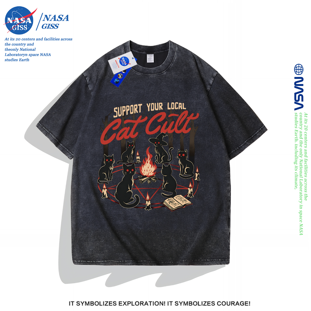 NASA เสื้อยืดฟอก oversize ชายหญิงแขนสั้น สตรีทฮิปฮอป summer แท่นบูชาแมว พิมพ์ลาย คอตตอน100% คอกลม หลวมและระบายอากาศ