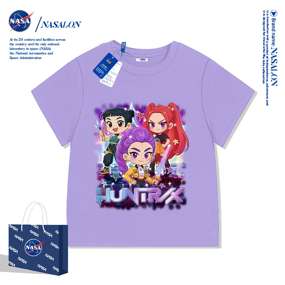 NASA เสื้อยืดเด็ก Huntrx ลายการ์ตูน ผ้าฝ้าย 100% เสื้อเด็กผู้หญิง นุ่มสบาย เหมาะสำหรับเด็กอายุ 1-12 ปี