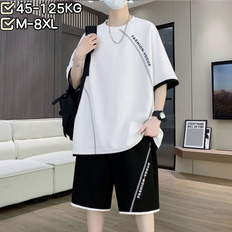 [คุณภาพดี,สวมใส่ 45-125KG] M-8XL XTBฤดูร้อนอินเทรนด์พลัสขนาดชุดกีฬาผู้ชายวิ่งรอบคอเสื้อยืดQuick-Dryingยืดกางเกงขาสั้นกลางแจ้งสวมใส่
