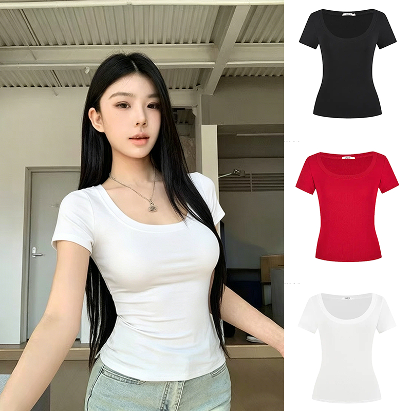 พร้อมส่ง ReinaQueen เสื้อยูนีคอทีเชิ้ตเข้ารูป ผ้าไมโครไฟเบอร์USA นุ่มละมุน สไตล์หวานใสเซ็กซี่ เข้ารูปโชว์หุ่น สาวตัวเล็กดูสูง ฮิตติดเทรนด์