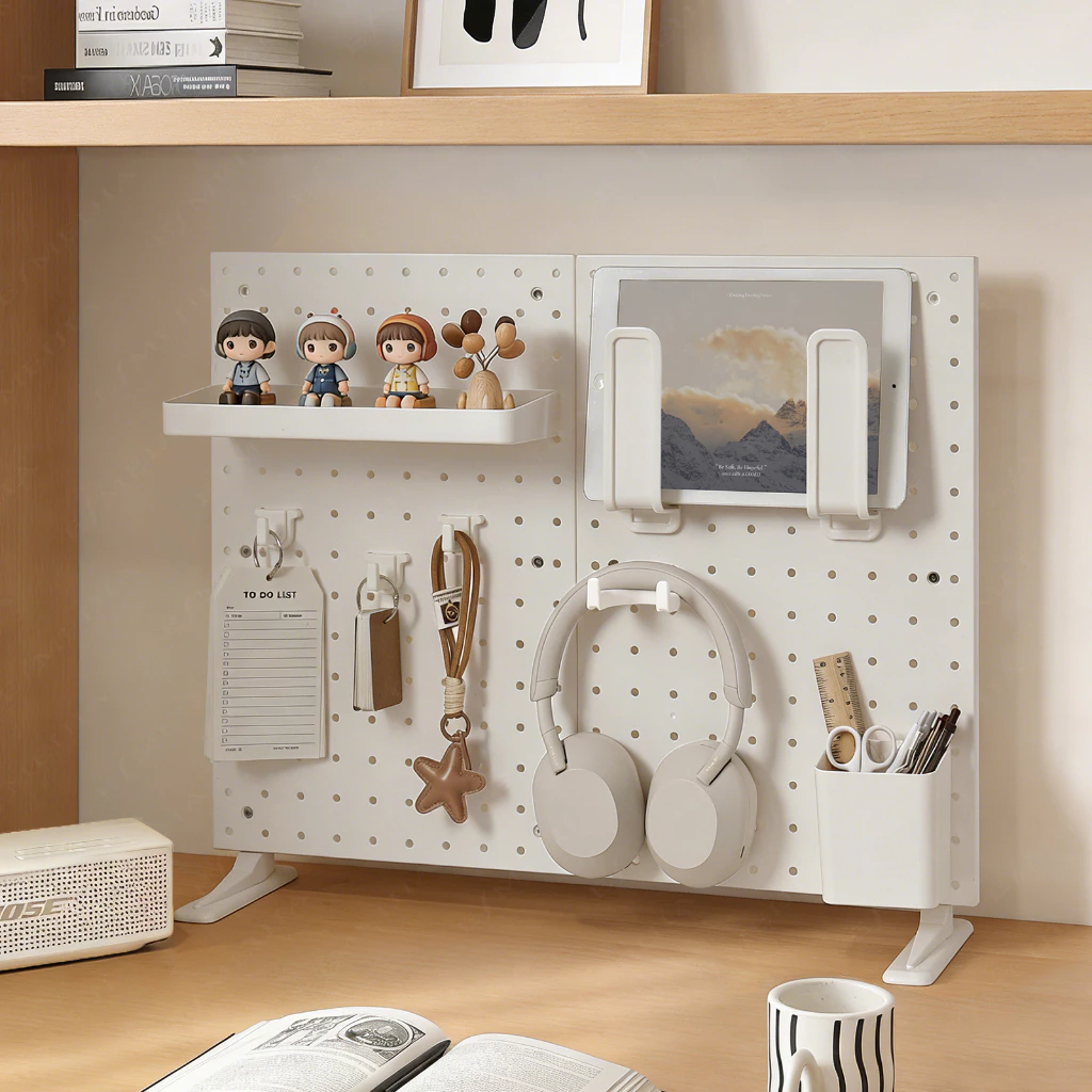 Pegboard DIY กระดานหลุม แผ่นวางของติดผนัง กระดานแขวนของ ชั้นวางของ เครื่องมือบนโต๊ะโดยไม่ต้องเจาะรู thumbnail 3