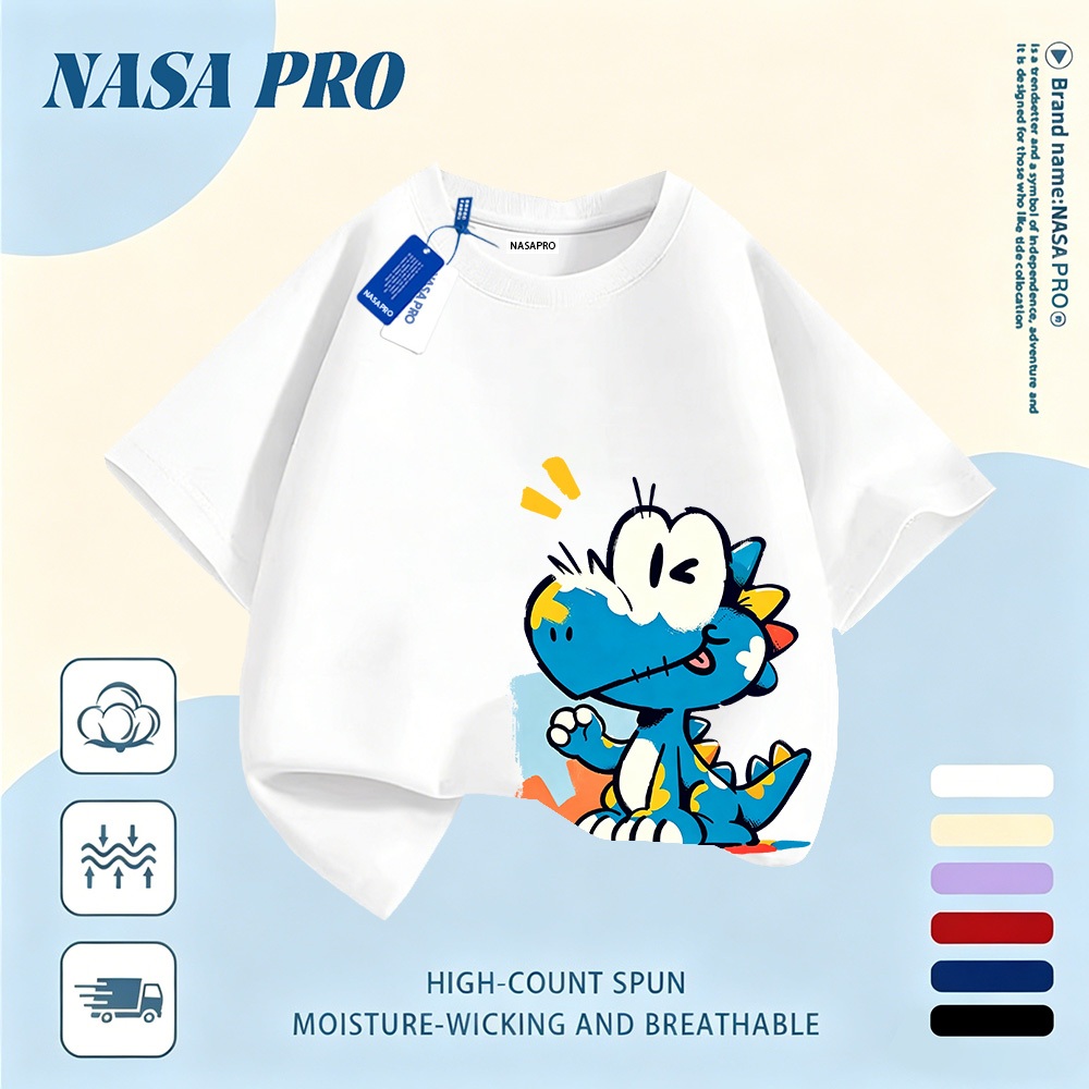 เสื้อยืดเด็กแขนสั้น NASA ผ้าฝ้าย 100% เสื้อเด็กผู้ชาย ลายการ์ตูนไดโนเสาร์ นุ่มสบาย เหมาะสำหรับเด็กอายุ 1-12 ปี