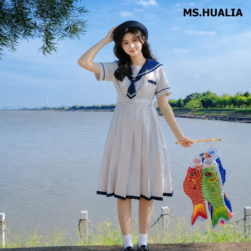 ส่งจากไทย🚚ชุดเดรส ﻿ เดรสมิ S-XL มินิเดรส Preppy ชุดนักเรียน กระโปรงจีบ  นักเรียน  สไตล์กะลาสีคอปกเอวหรูหรา-cinching ชุดเดรสกระชับสัดส่วนสําหรับนักเรียนหญิงกลางยาวกระโปรงทรงเอจีบ