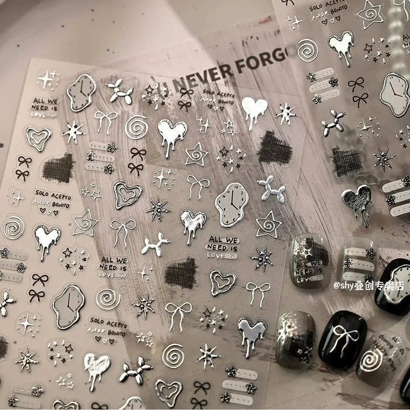 1/2/5Pcs 5D โลหะ Y2K Liquid Love Star Moon เล็บสติกเกอร์ Punk สไตล์นาฬิกาเงิน Heartbeat Slider โรแมนติกเล็บ Decals