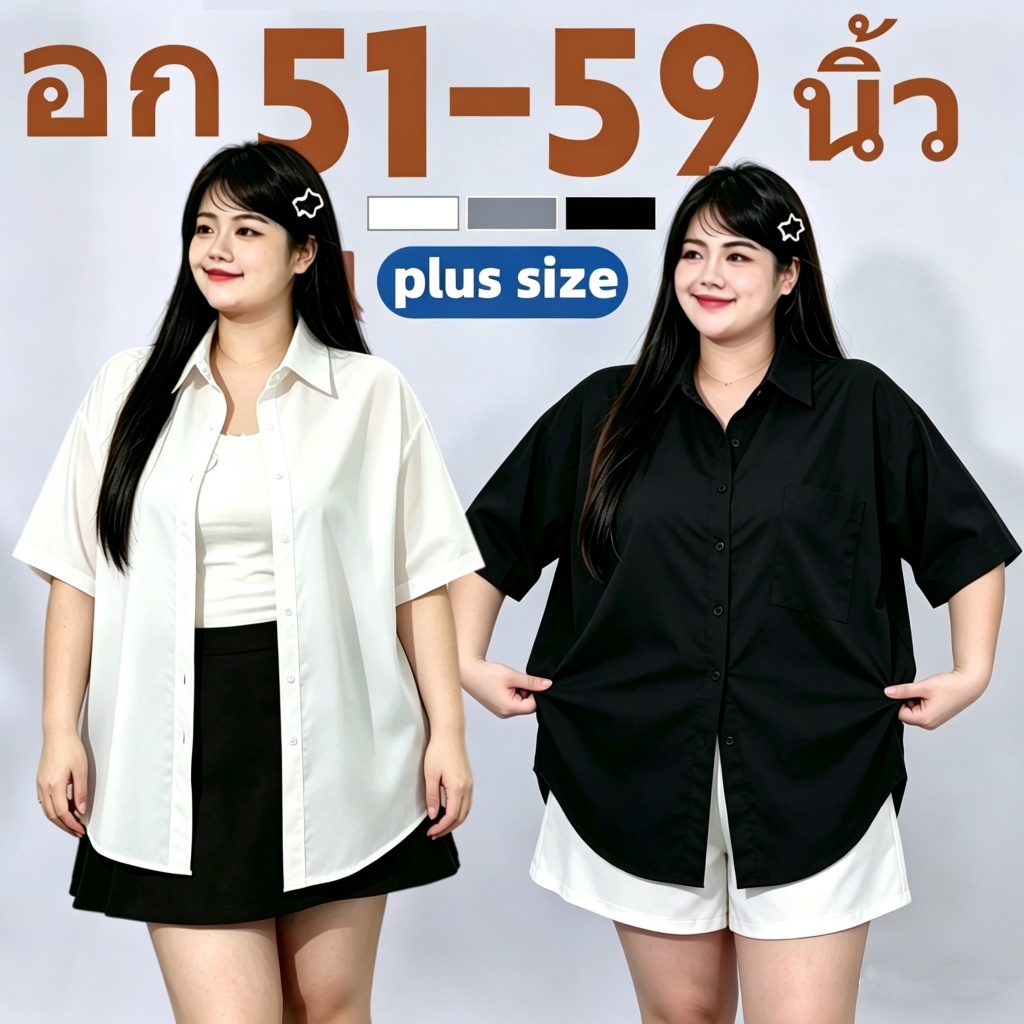 อก 51-59นิ้ว เสื้อสาวอวบ ขนาดใหญ่ เสื้อเชิ้ตผู้หญิงแขนสั้น ทรงหลวม ผ้านุ่มใส่สบายไม่ร้อน ทันสมัยและลำลอง