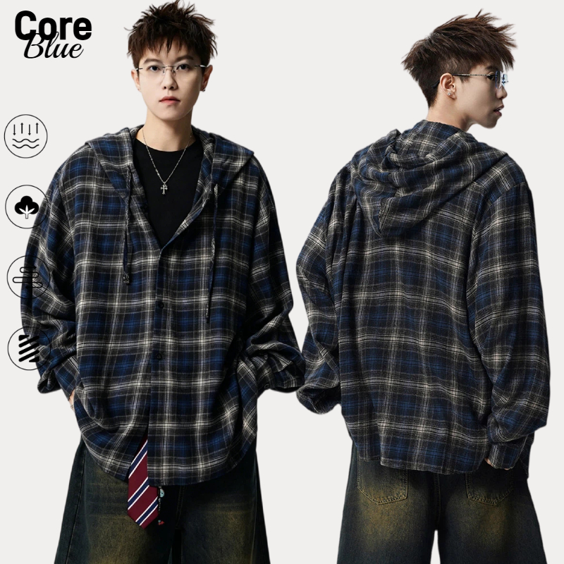 ⚡Core Blue🌟 เสื้อเชิ้ตผู้ชาย เสื้อเชิ้ตผู้ชายลายตารางมีฮู้ด ทรงหลวมสไตล์เกาหลี แขนยาวใส่สบาย สีกรมท่า สำหรับผู้ชายทุกไซส์ M-3XL