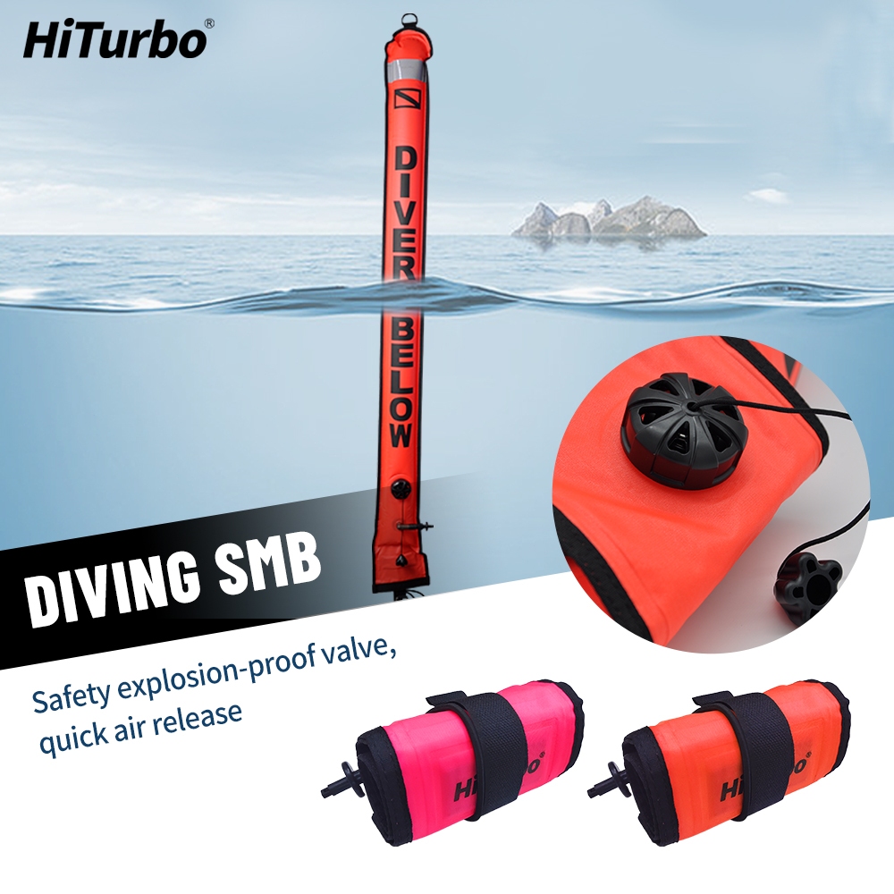 Hiturbo SMB ดำน้ำ ลูกฟูกสัญญาณดำน้ำ surface marker buoy SMB สะท้อนแสง การมองเห็นสูงพับได้แบบพกพาความปลอดภัยสัญญาณลอยทุ่นสําหรับดําน้ําฟรีSMB 1.5m/1m อุปกรณ์ความปลอดภัยดำน้ำ